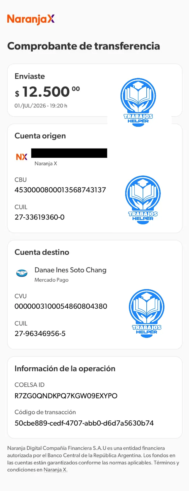 Comprobante de pago de cliente de Trabajos Helper