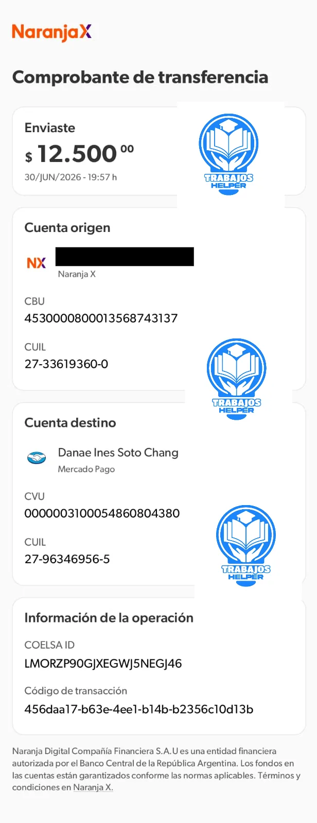 Comprobante de pago de cliente de Trabajos Helper