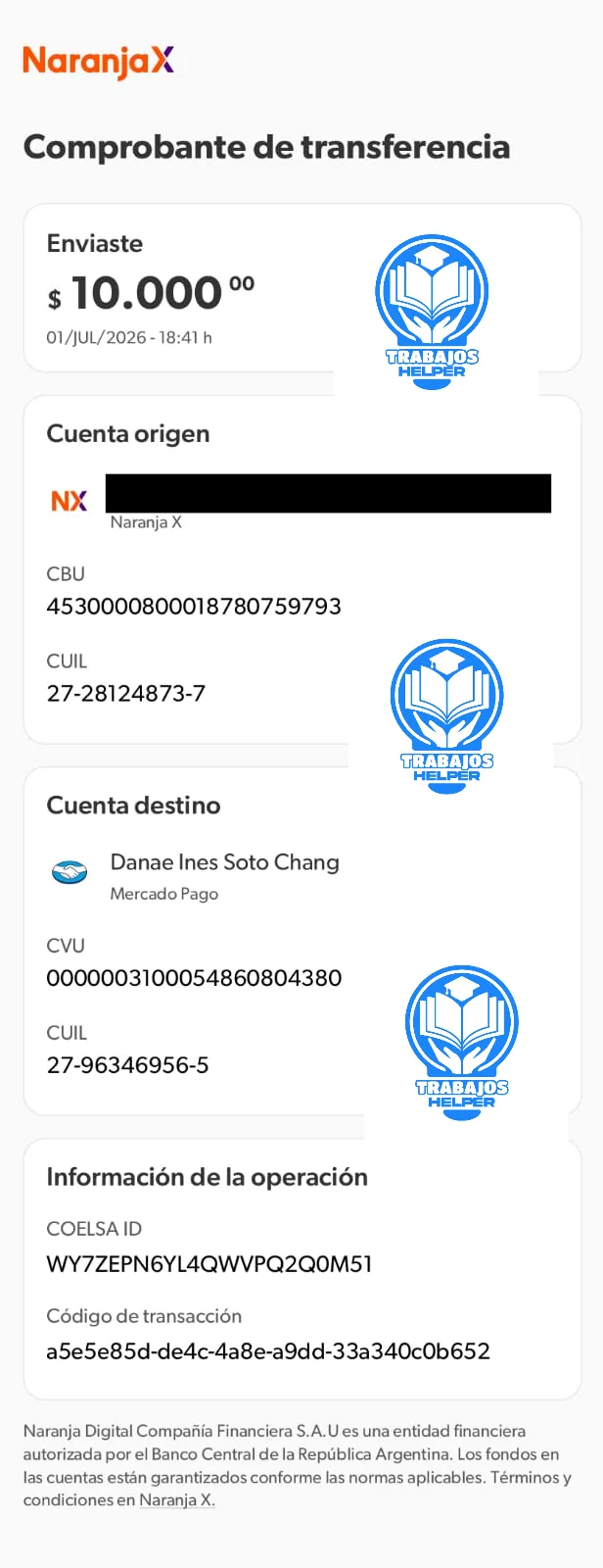 Comprobante de pago de cliente de Trabajos Helper