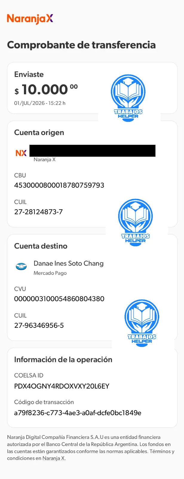 Comprobante de pago de cliente de Trabajos Helper