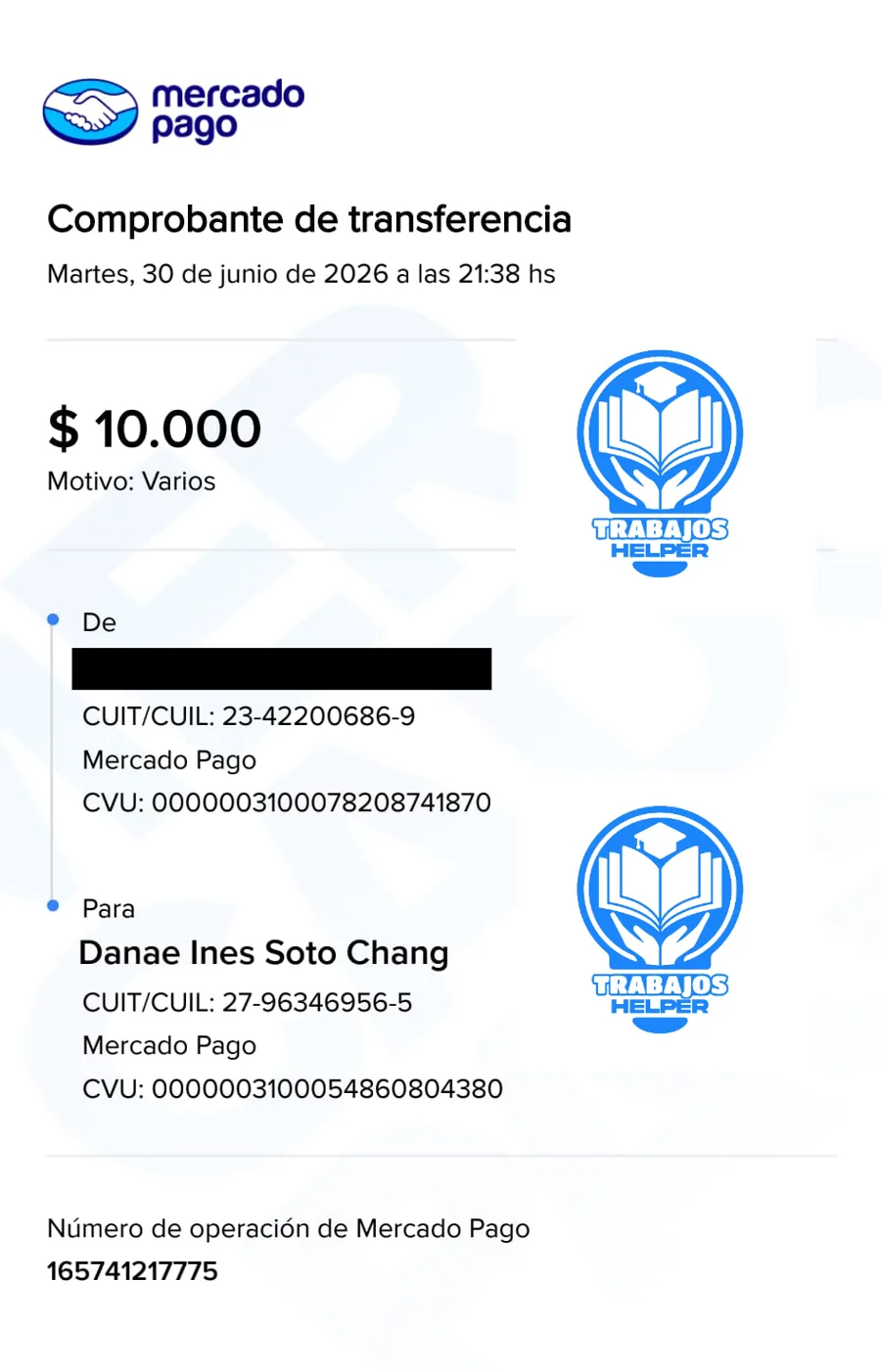 Comprobante de pago de cliente de Trabajos Helper