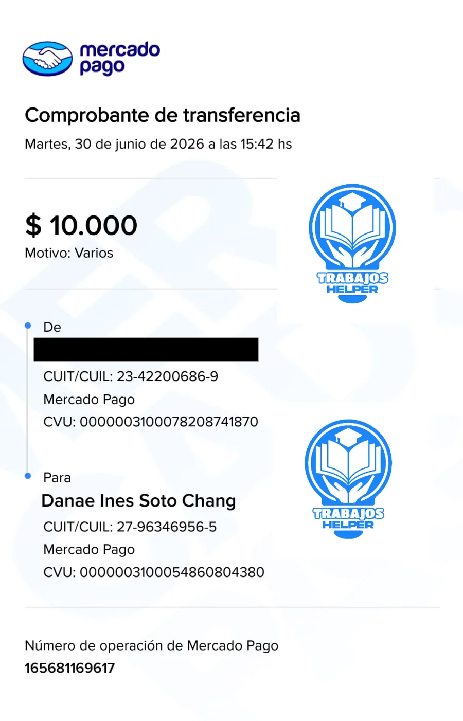 Comprobante de pago de cliente de Trabajos Helper