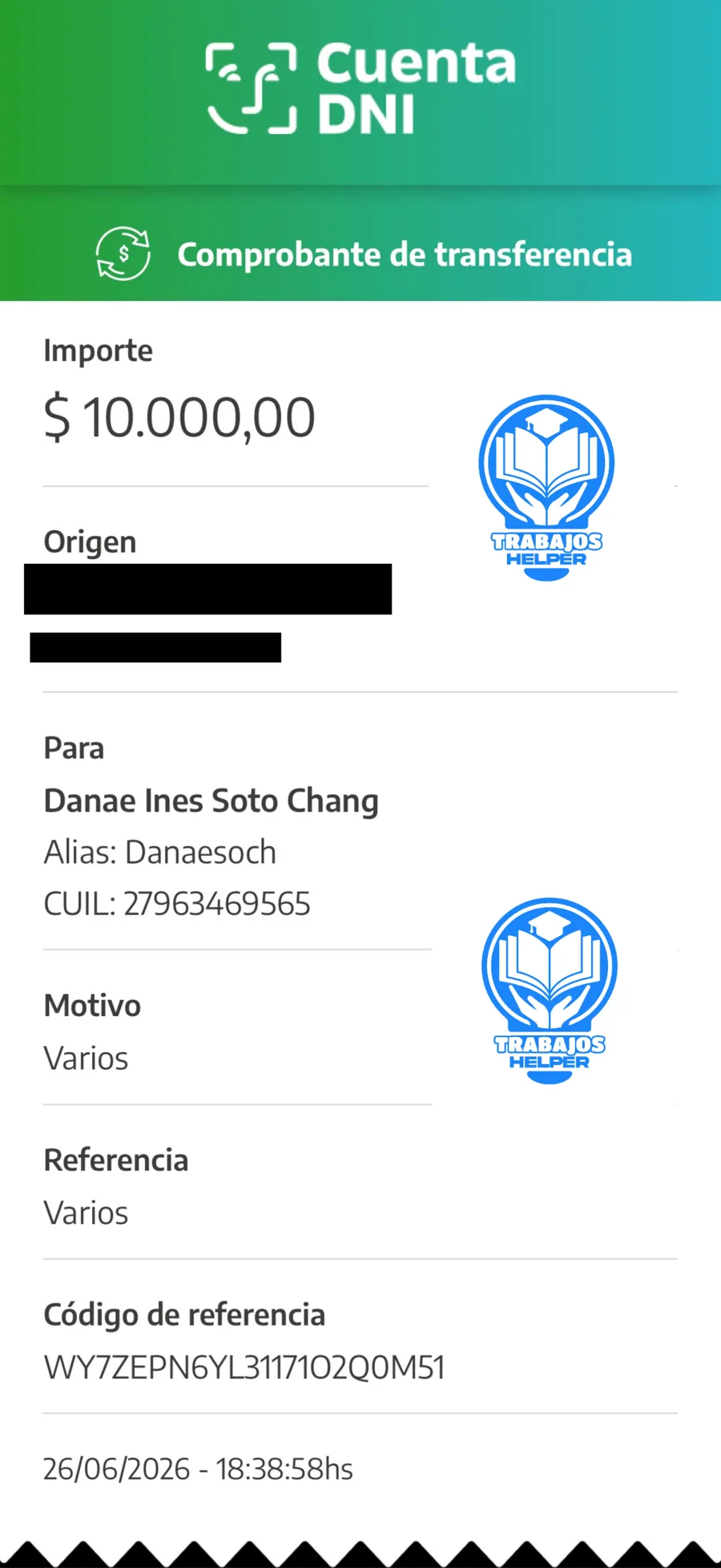 Comprobante de pago de cliente de Trabajos Helper