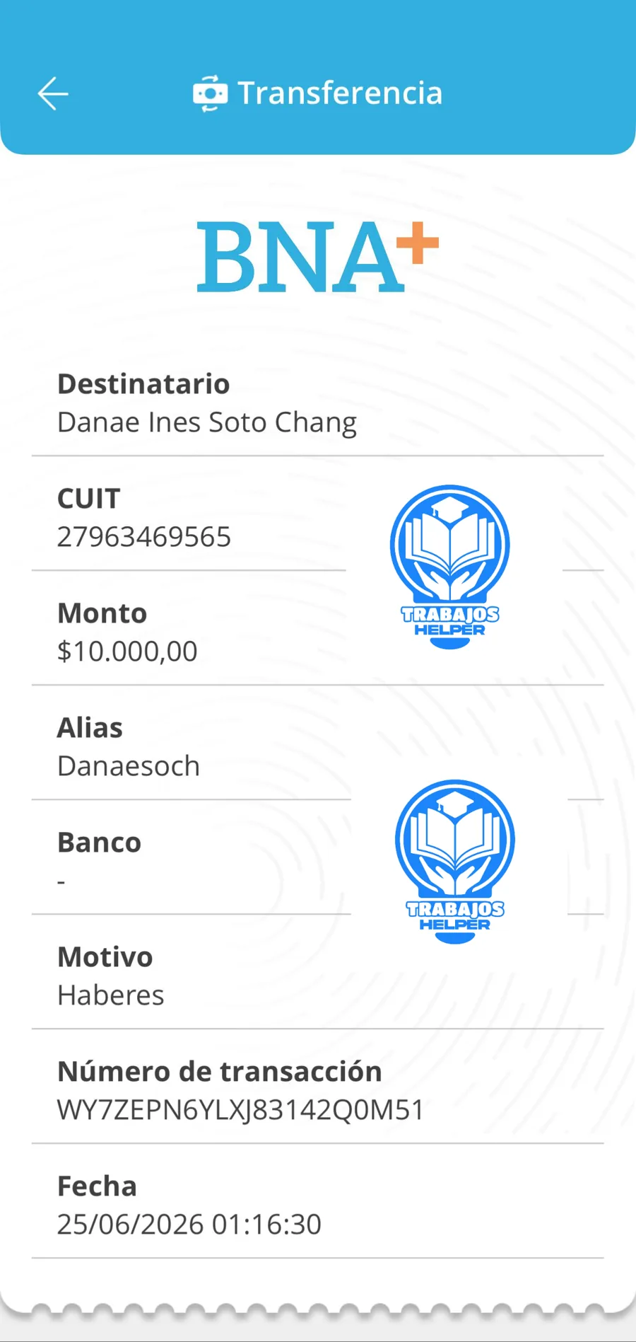 Comprobante de pago de cliente de Trabajos Helper