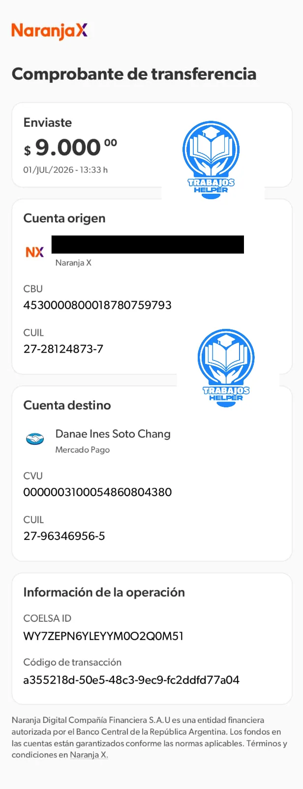 Comprobante de pago de cliente de Trabajos Helper
