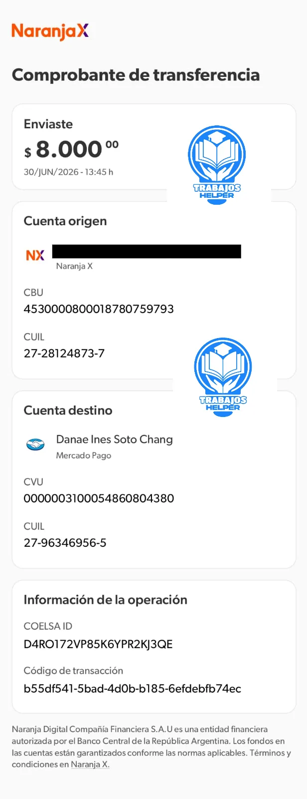 Comprobante de pago de cliente de Trabajos Helper