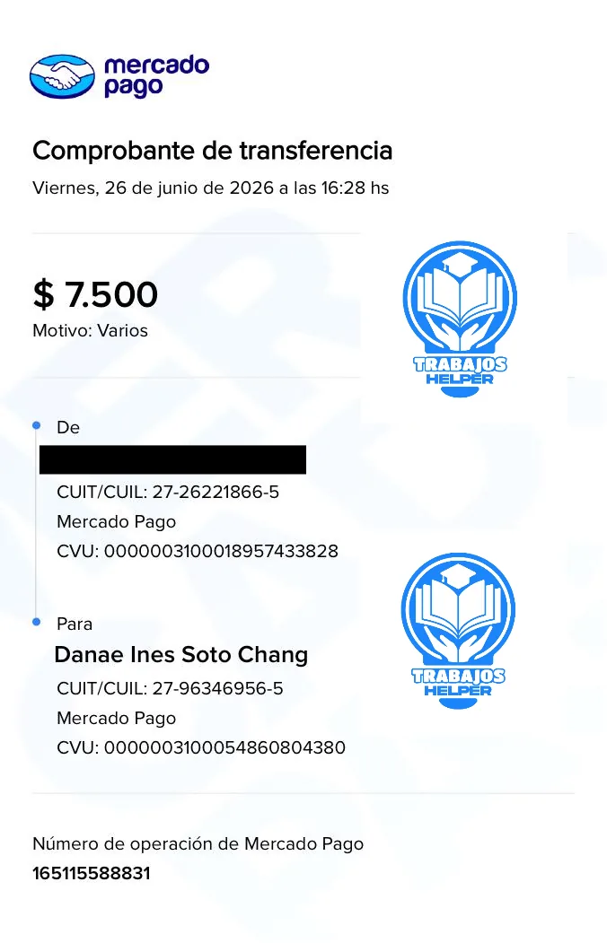 Comprobante de pago de cliente de Trabajos Helper