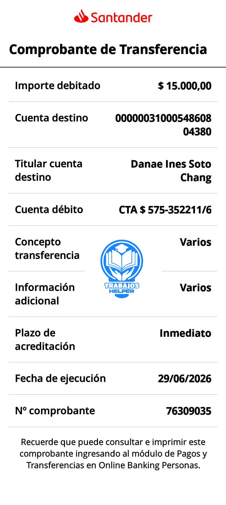 Comprobante de pago de cliente de Trabajos Helper