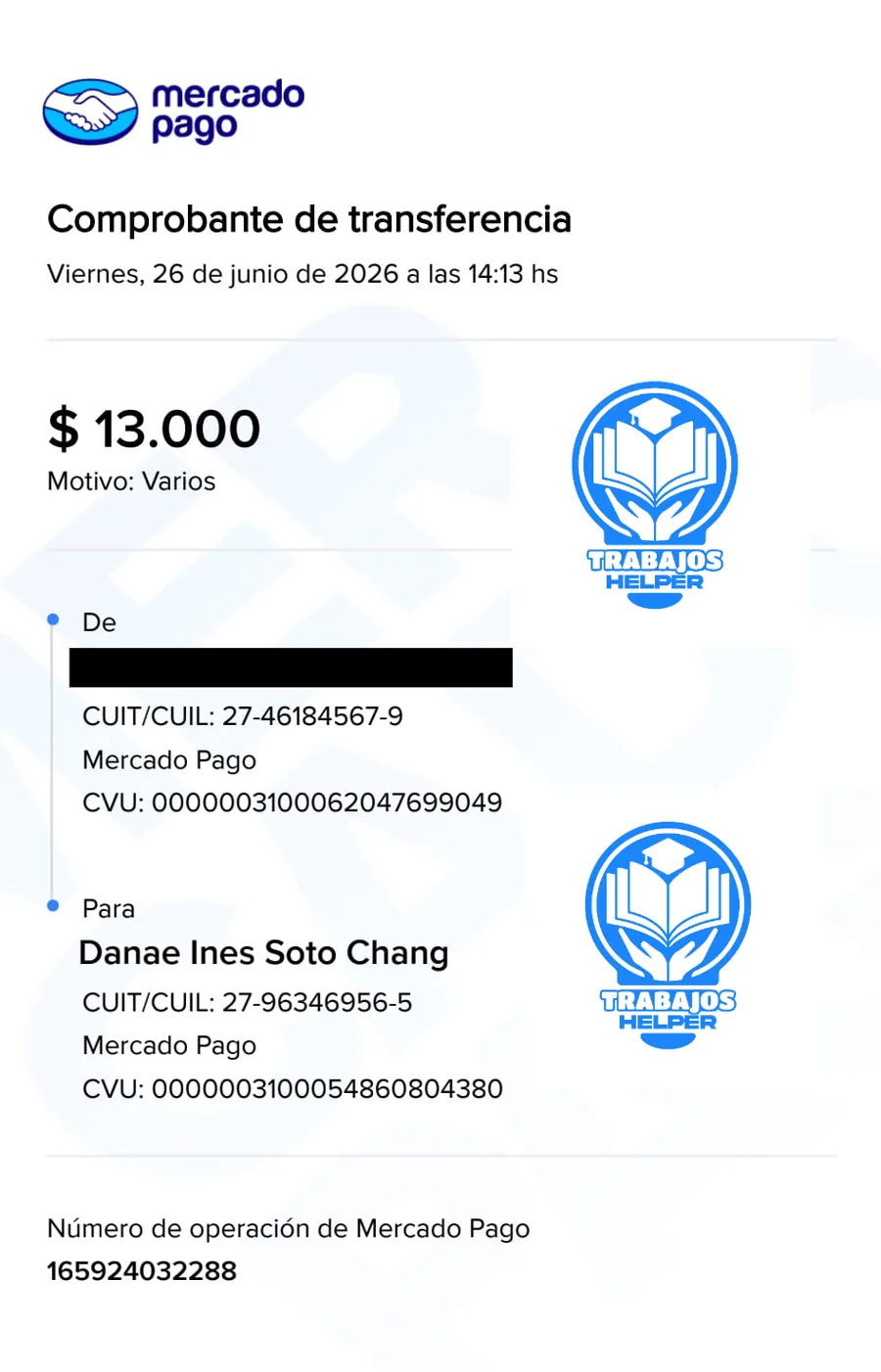 Comprobante de pago de cliente de Trabajos Helper