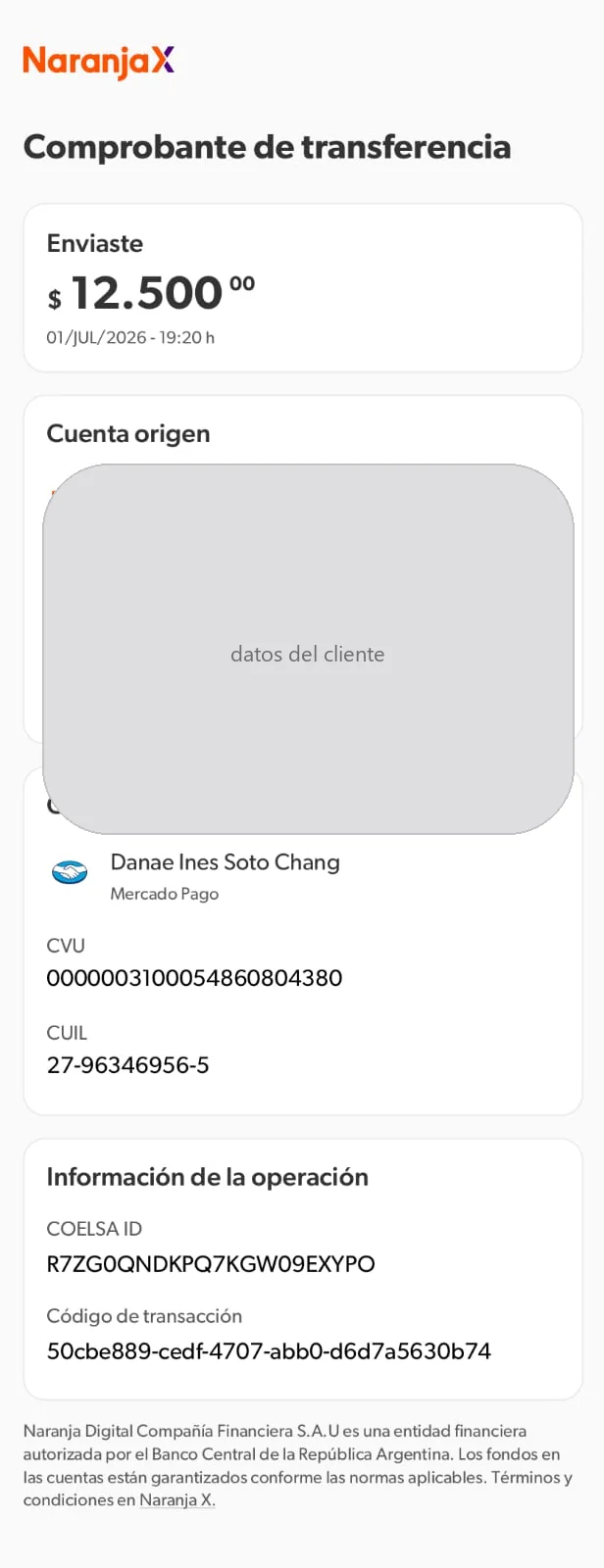 Ejemplo de comprobante de Naranja X