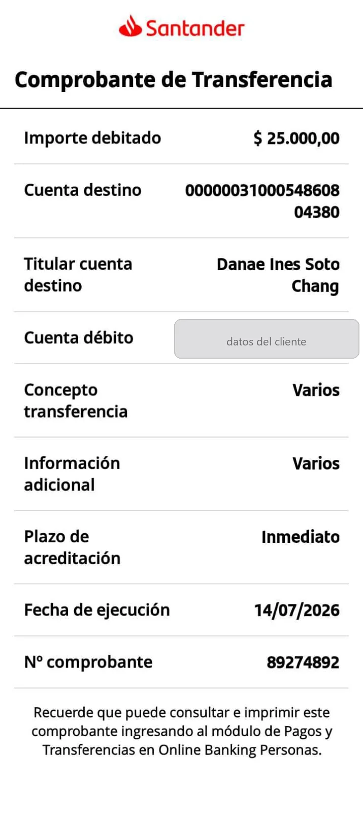 Ejemplo de comprobante de transferencia de Santander